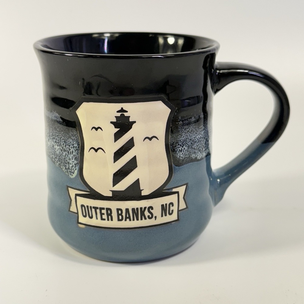 Outer Banks NC Pottery PCF Souvenir Mug Lighthouse 2 Tone Drip Glaze Large - Picture 1 of 11